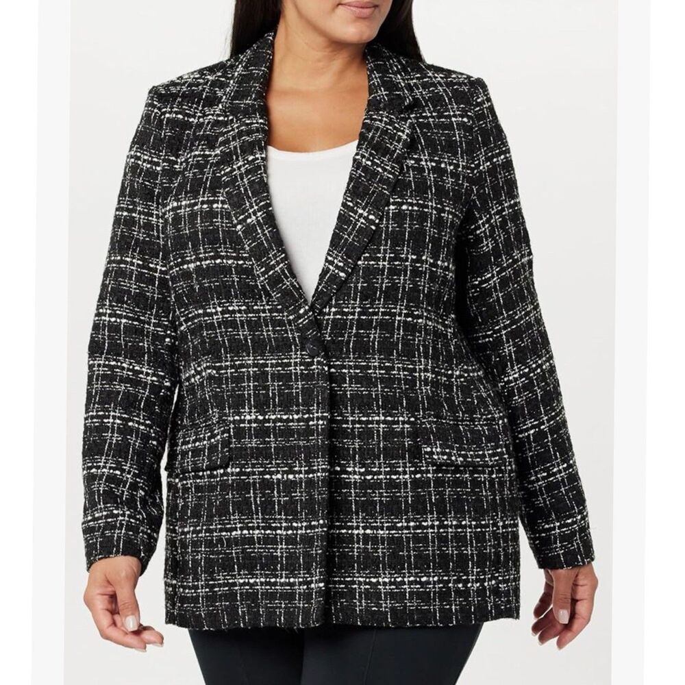 The Drop Blazer Womens Size XS Blake Long Plaid Single Breasted Black Boucle - Picture 9 of 14